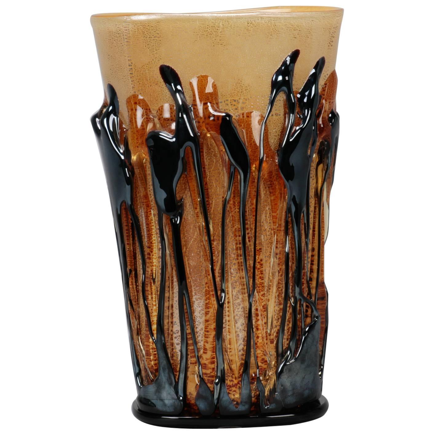 Murano Vase with Contrasting Gold and Brown Applied Glass For Sale at
