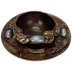 Mid-Century Signed Metal Bowl and Plate with Fresh Water Pearls