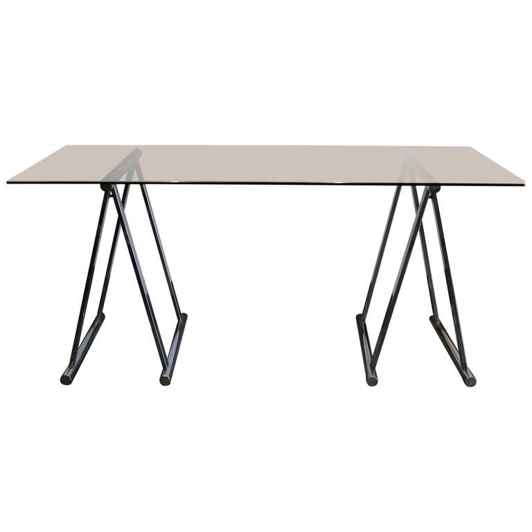 Mid Century Italian Chrome And Glass Sawhorse Desk Or Table At 1stdibs