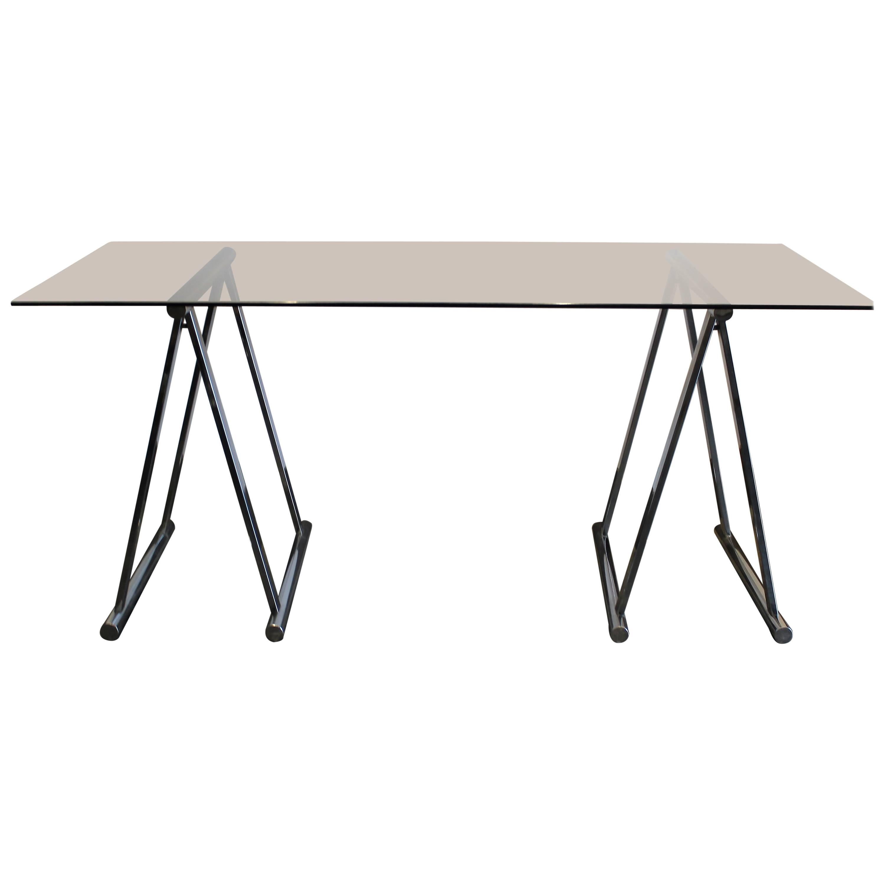 Mid-Century Italian Chrome and Glass Sawhorse Desk or Table