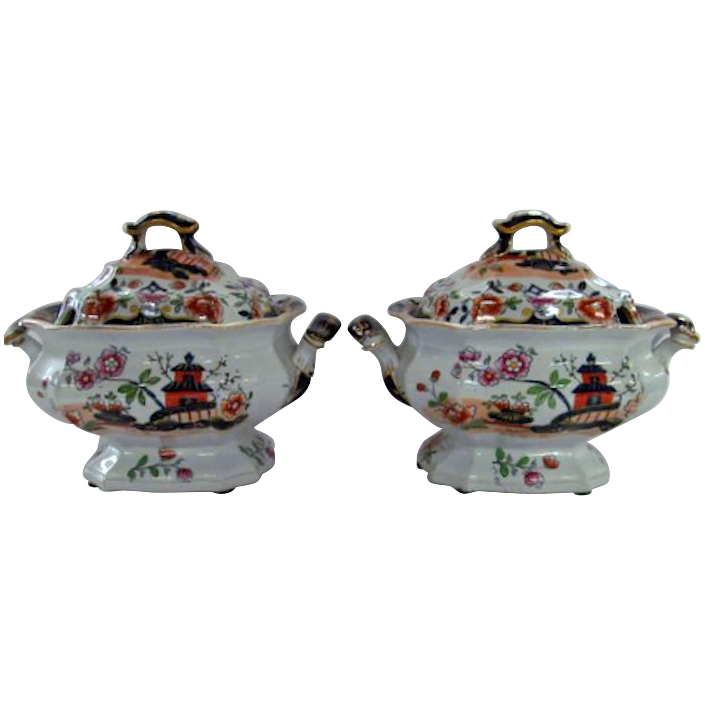 Pair of English Hicks, Meigh & Johnson Ironstone Imari Decor Sauce Tureens