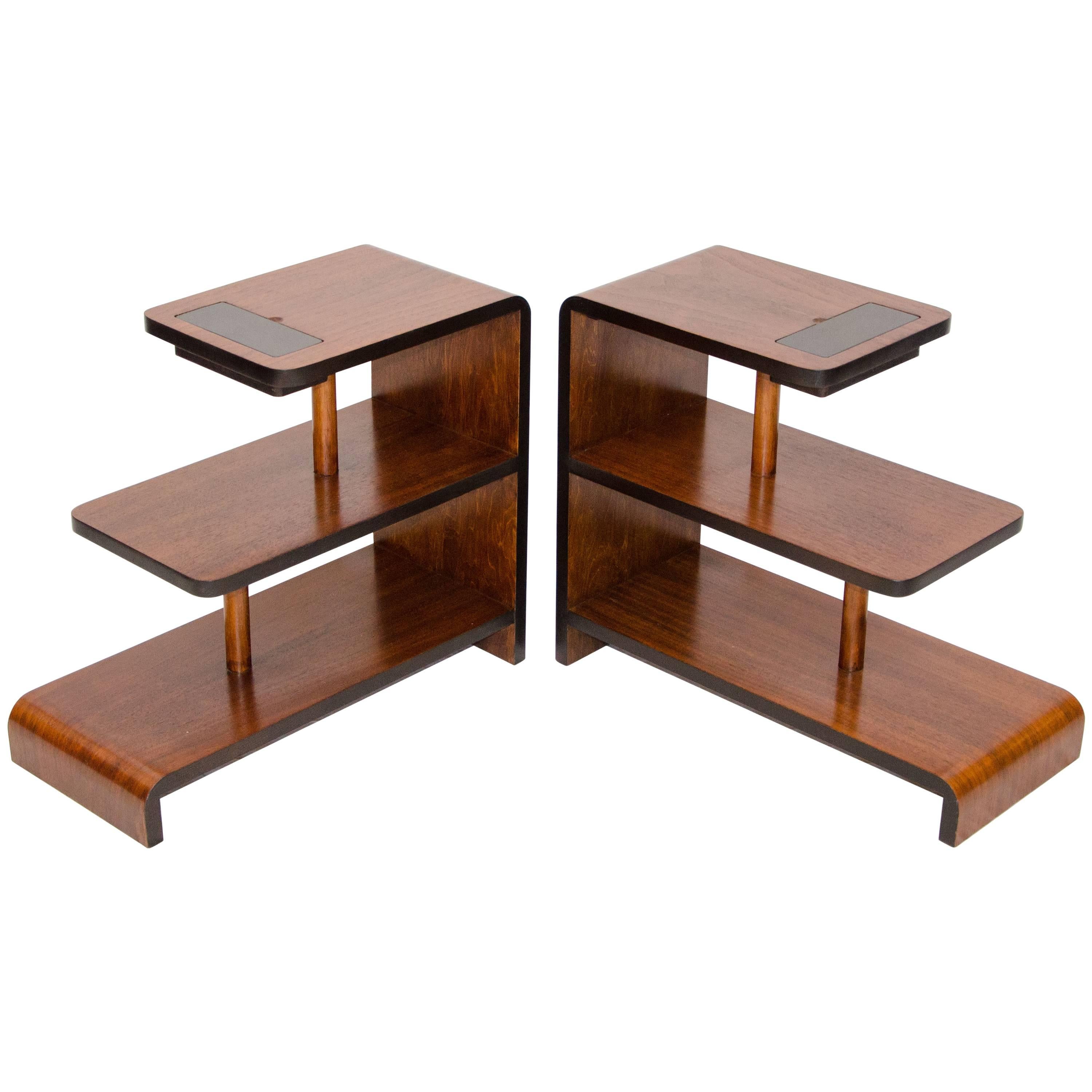 Pair of Walnut Art Deco Three-Tier End Tables