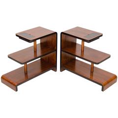 Vintage Pair of Walnut Art Deco Three-Tier End Tables