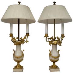 Pair of Louis XVI Style Marble and Gilt Bronze Urn Form Candelabra Lamps