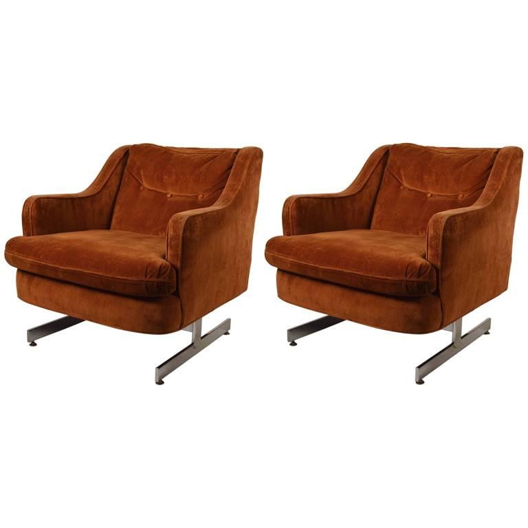 Pair of Chrome Base Upholstered Top Club Chairs