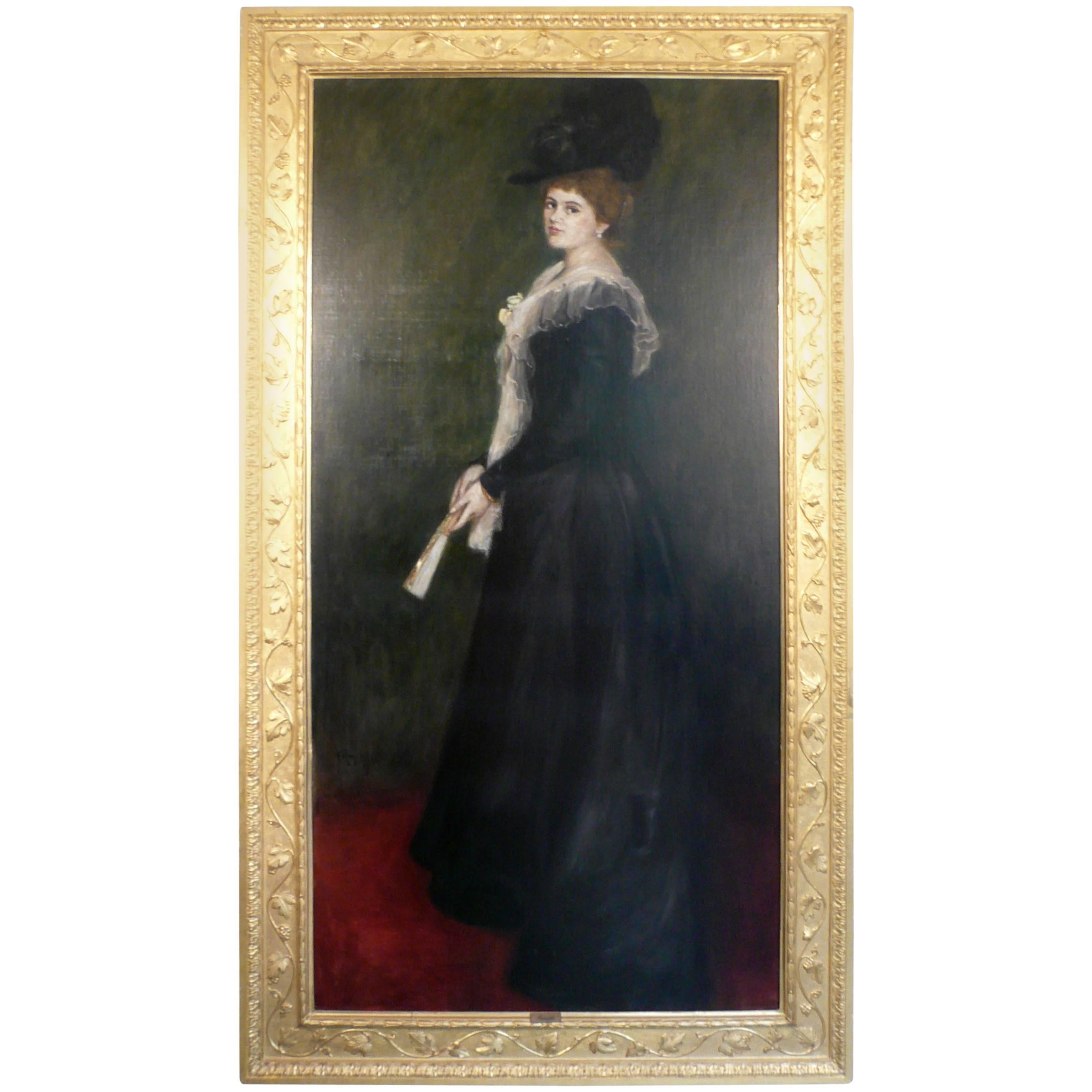 Gilded Age Portrait of a Lady with Fan, Signed A. Roegels, 1899