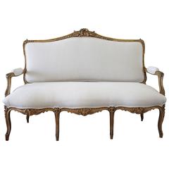 19th Century Giltwood French Louis XV Style Settee in Linen