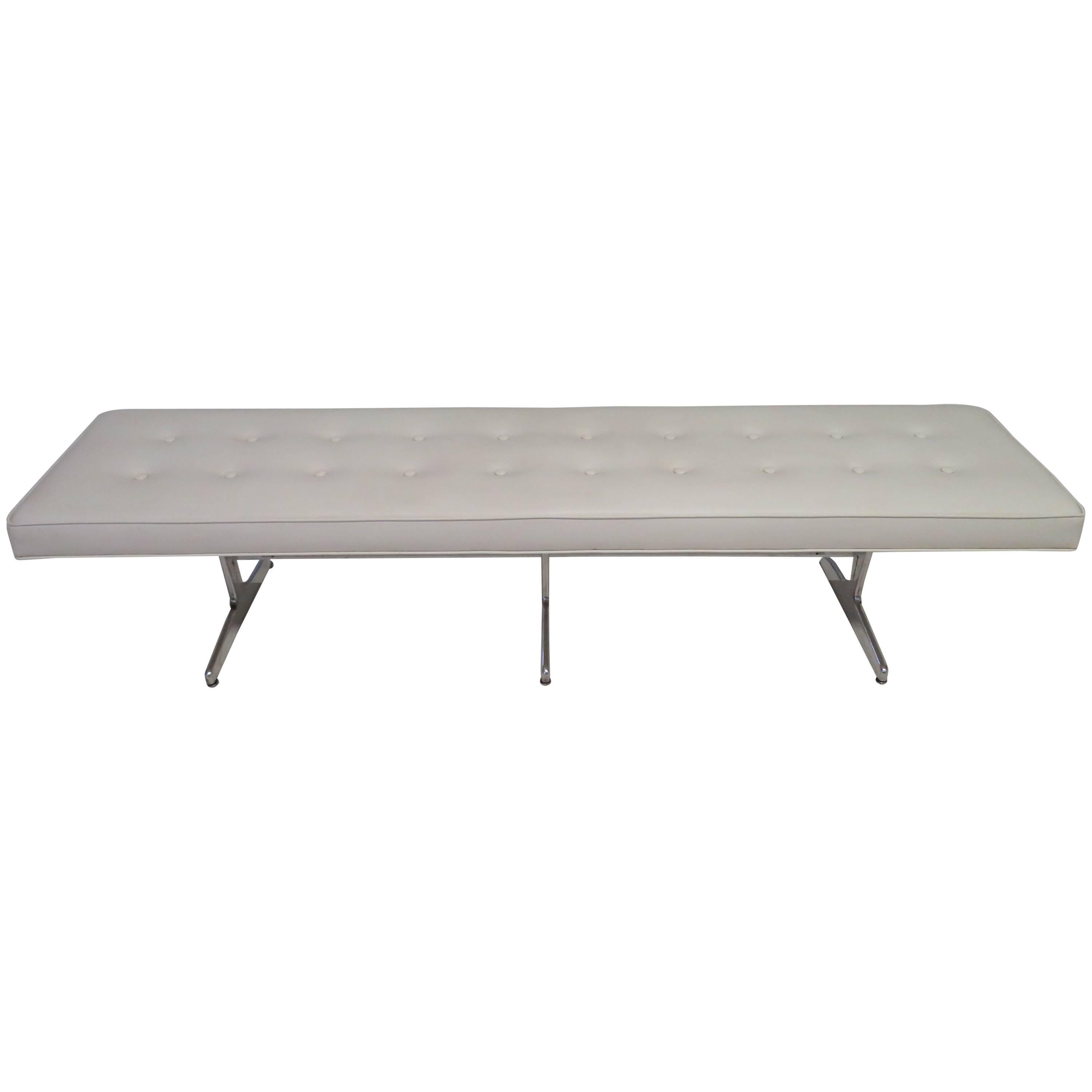 Magnificent Herman Miller Style Long Faux Leather Tufted Aluminum Base Bench For Sale