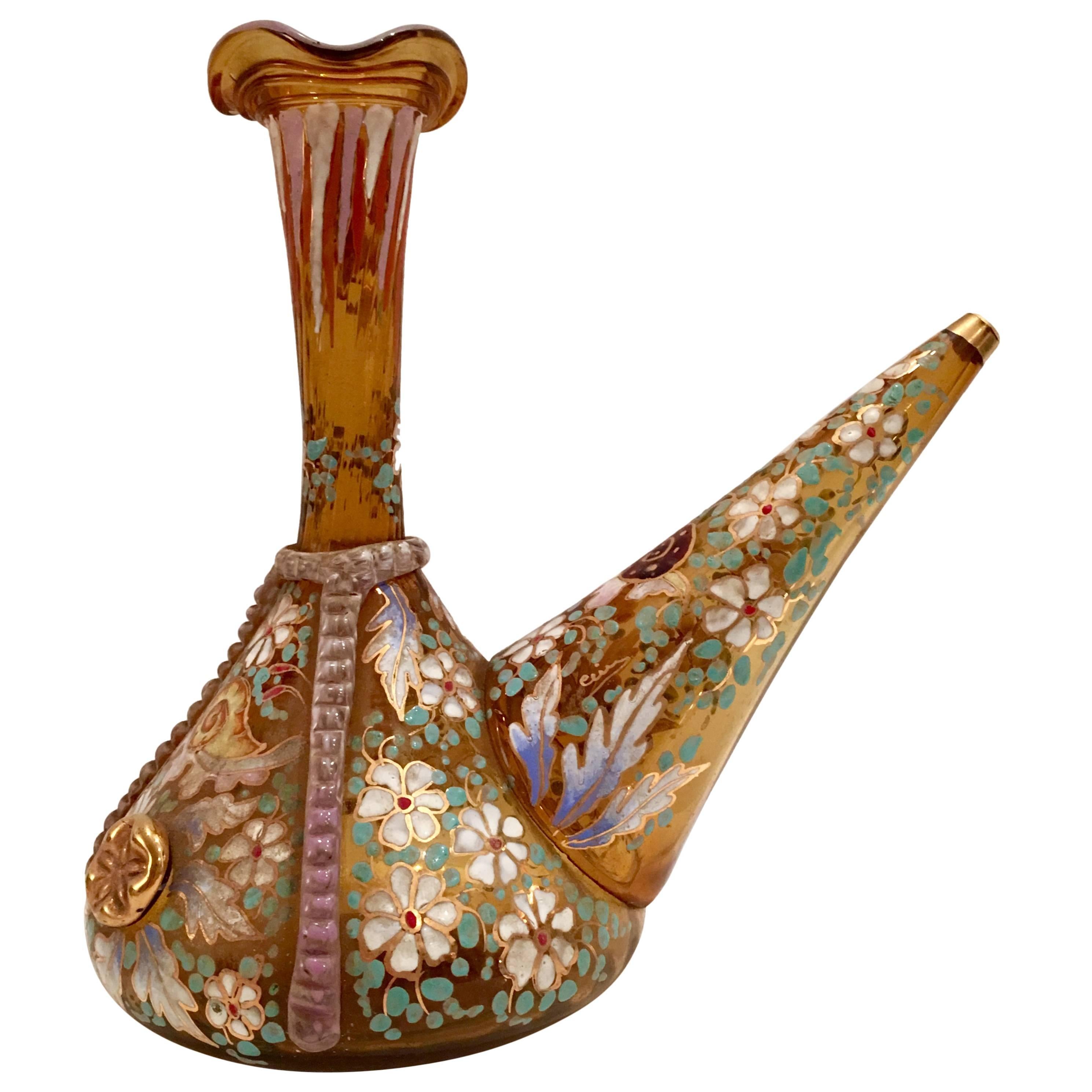 20th Century Spanish Blown Glass Hand Painted Vino Bottle For Sale