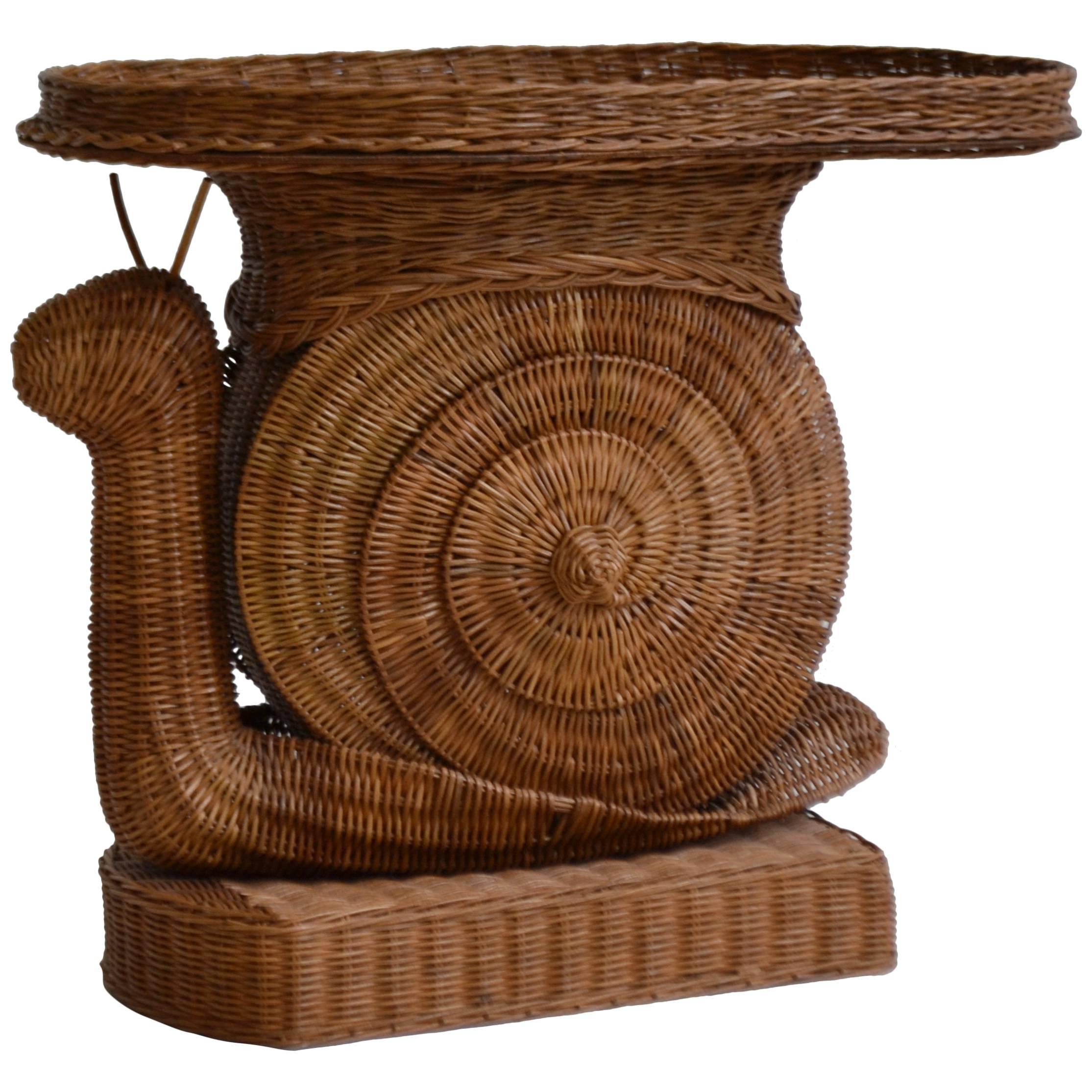 Mid-Century Italian Woven Rattan Snail Form Side Table