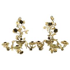 Pair Of Italian Gilt Tole Brass Three-Light Candelabra Wall Sconces 3