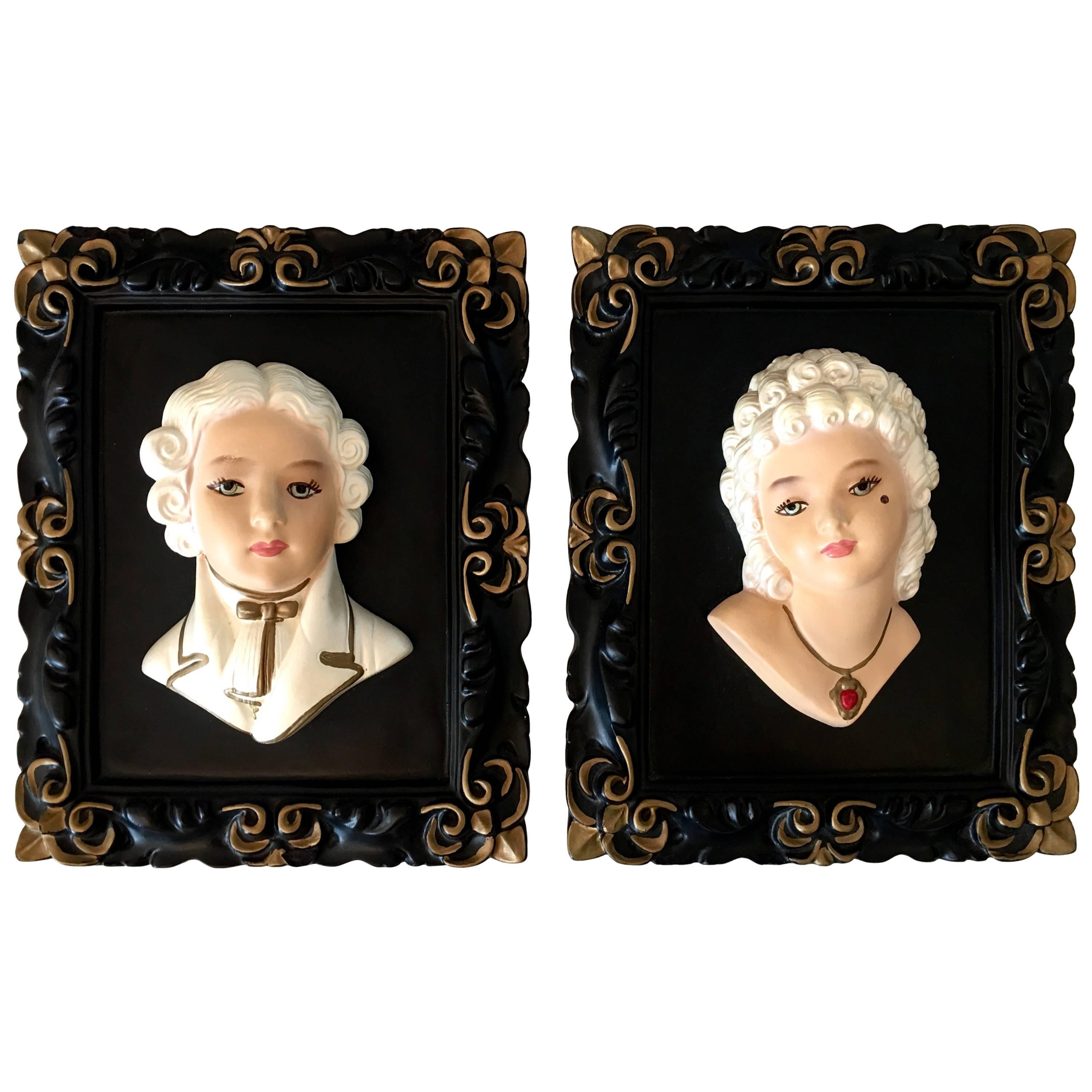 Mid-Century French Marie Antoinette & King Louis 3D Hand Painted Framed Plaques