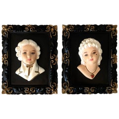 Retro Mid-Century French Marie Antoinette & King Louis 3D Hand Painted Framed Plaques
