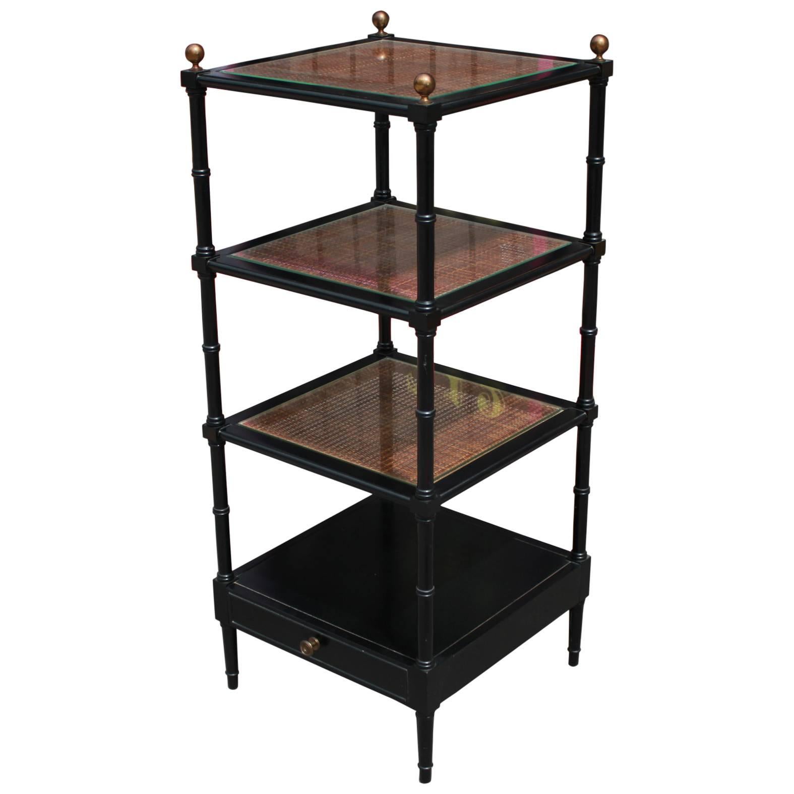 Square Black Lacquer and Rattan Faux Bamboo Modern Etagere Bookshelf