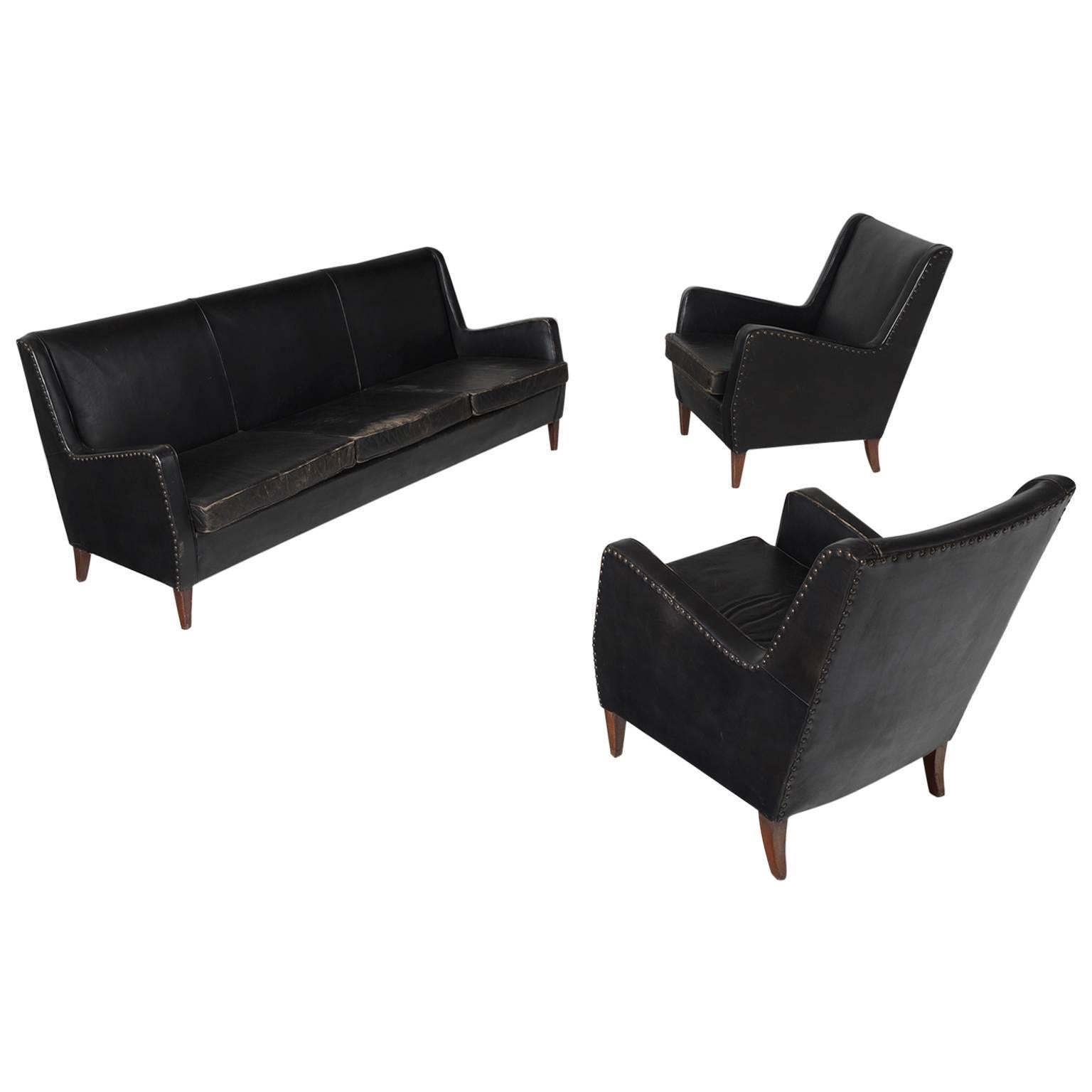 Danish Living-Room Set in Original Black Leather Upholstery
