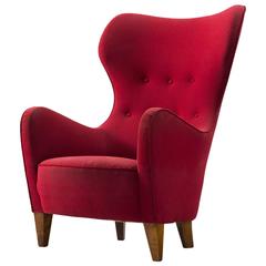 Scandinavian Wingback Chair in Red Fabric Upholstery