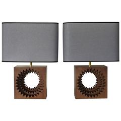 1970s Pair of Walnut and Brass Italian Table Lamps with Shades