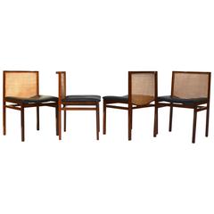 Set of Four Scandinavian Rosewood, Leather and Cane Dining Chairs, 1950s-1960s
