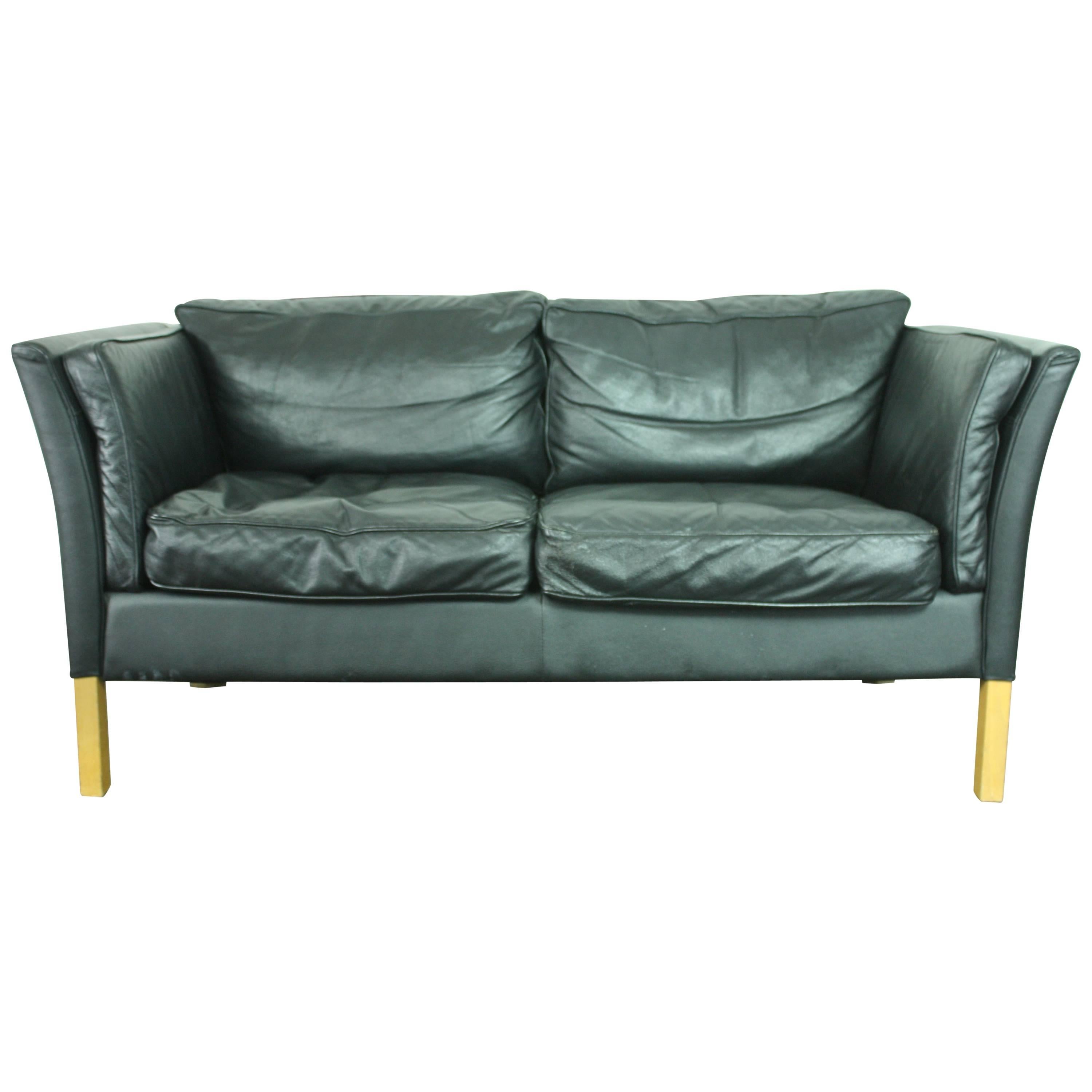 Vintage Mogensen Style Two-Seat Black Leather Sofa For Sale