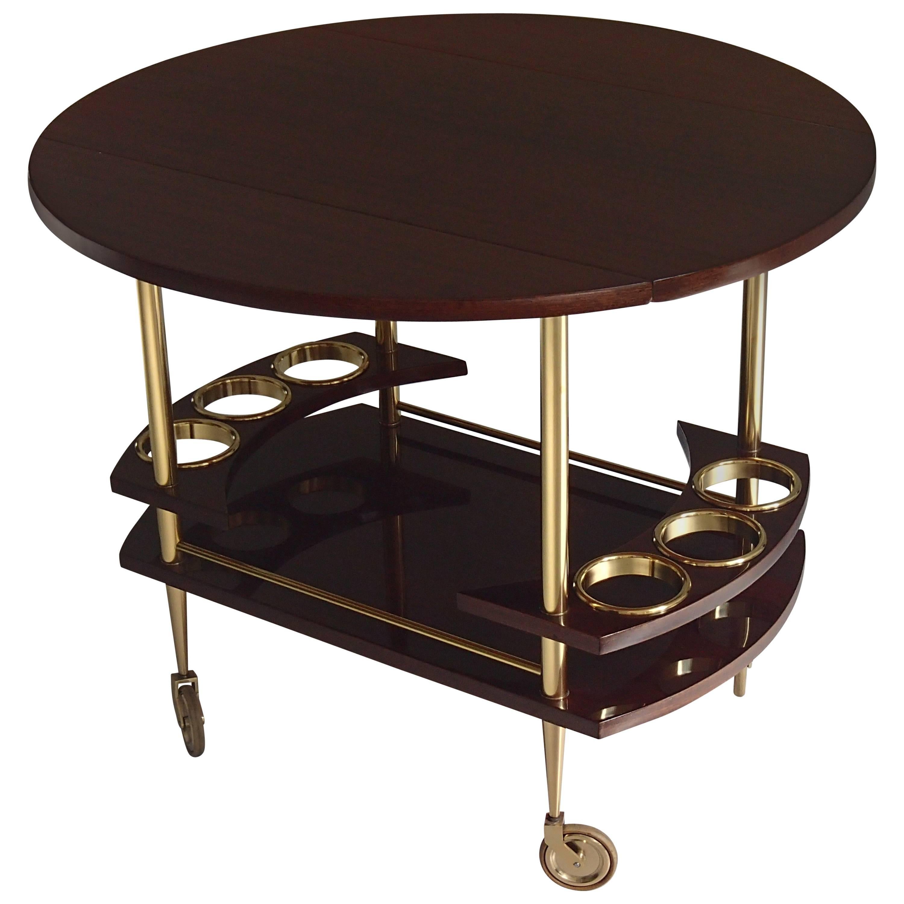Mid-Century Trolley Bar Cart Full Mahogany Brass Round with Drop-Leaves