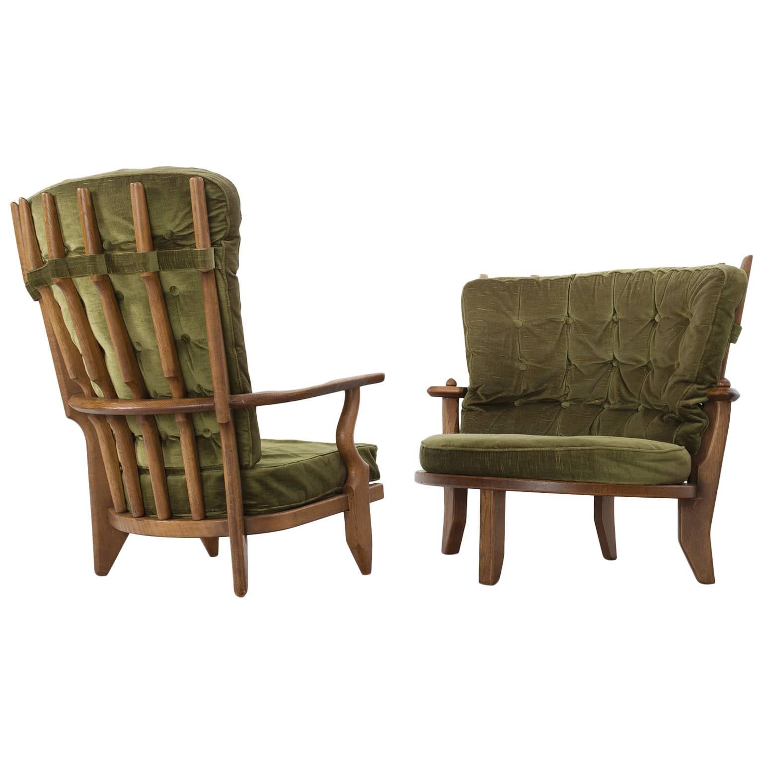 Guillerme & Chambron Set of Two Lounge Chairs with Green Upholstery