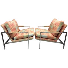 Milo Baughman for Thayer Coggin Chrome Flat Bar Lounge Chairs