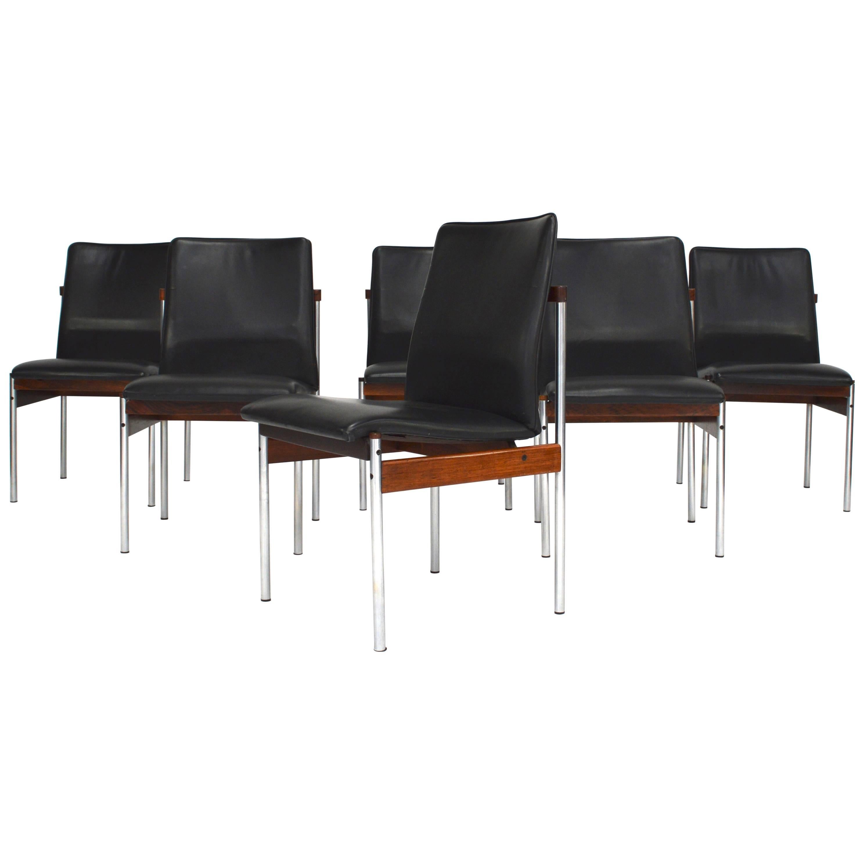 Set of six Black Leather and Brazilian Rosewood Dining Chairs, 1960s