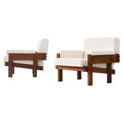 Set of Two Brazilian Lounge Chairs in Off-White Upholstery