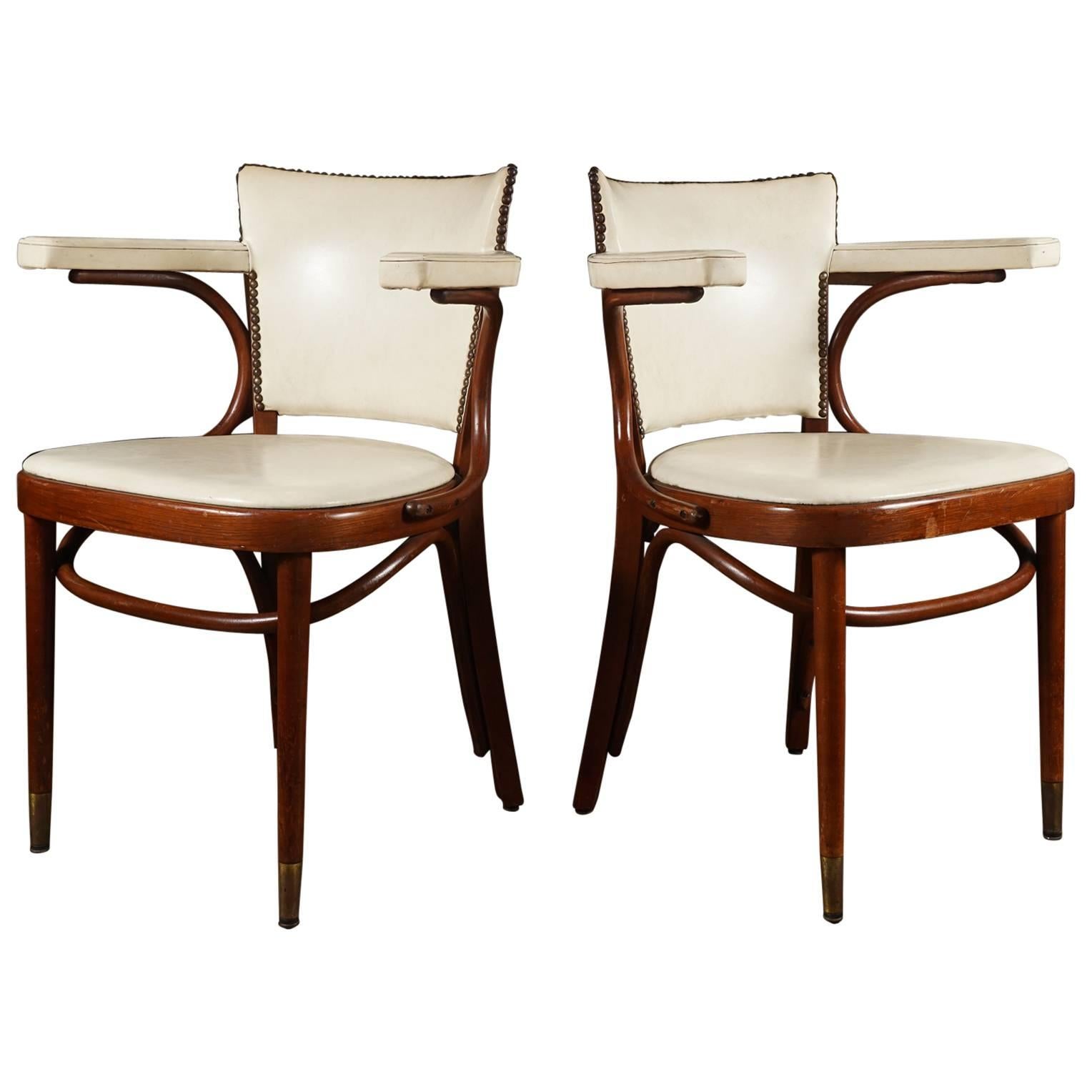 Pair of White Leather Thonet Armchairs For Sale