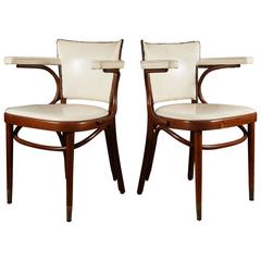 Pair of White Leather Thonet Armchairs