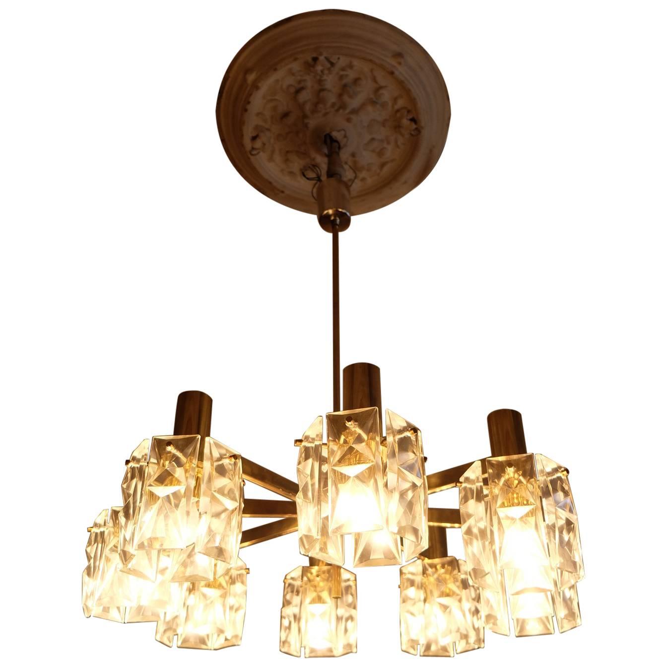 Crystal and Brass Chandelier, 1960s For Sale