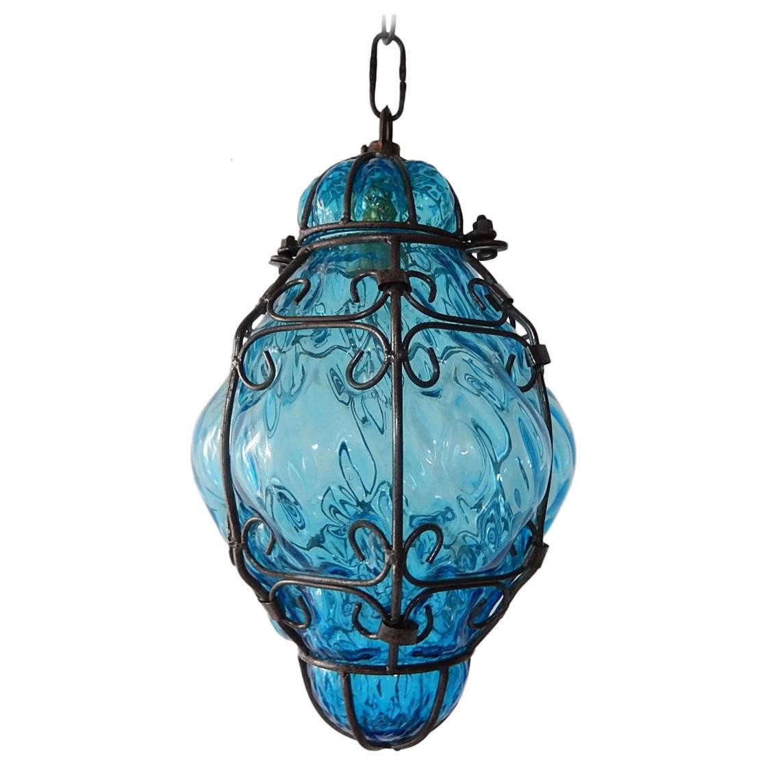 Seguso Murano Aqua Blue Blown Lantern Chandelier