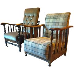 Antique Armchairs Solid Oak Morris Style, Pair Edwardian, 20th Century