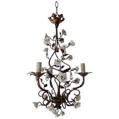 French Tole Porcelain Roses and Flowers Chandelier