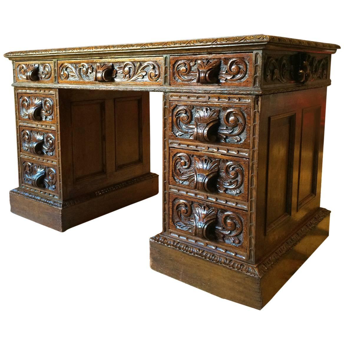 Antique Desk Oak Twin Pedestal Heavily Carved Victorian, 19th Century