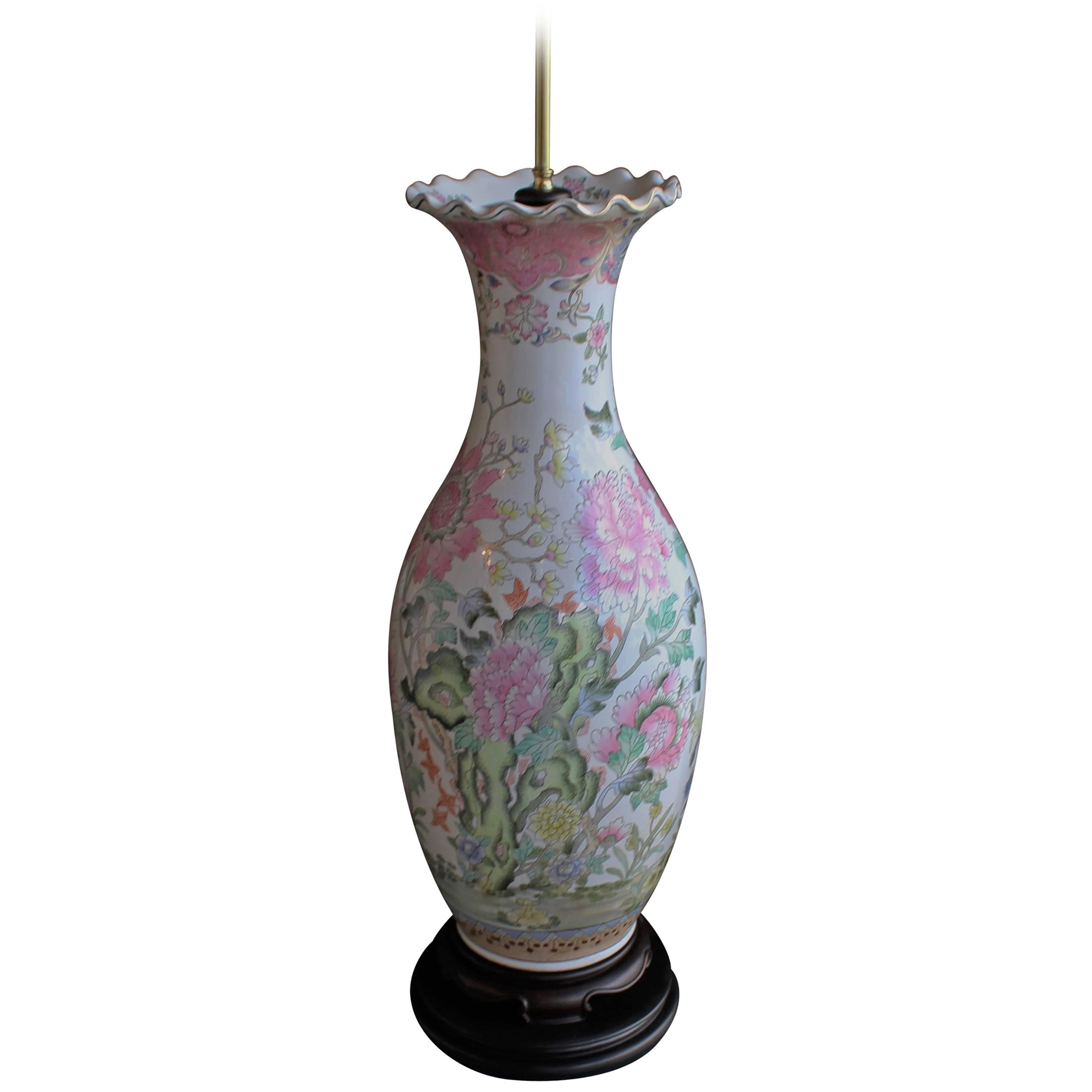 Tall 20th Century Monumental Marlboro Chinese Porcelain Floral Lamp For Sale