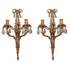 Antique Pair of 19th Century Louis XVI Bronze and Crystal Two-Light Wall Sconces