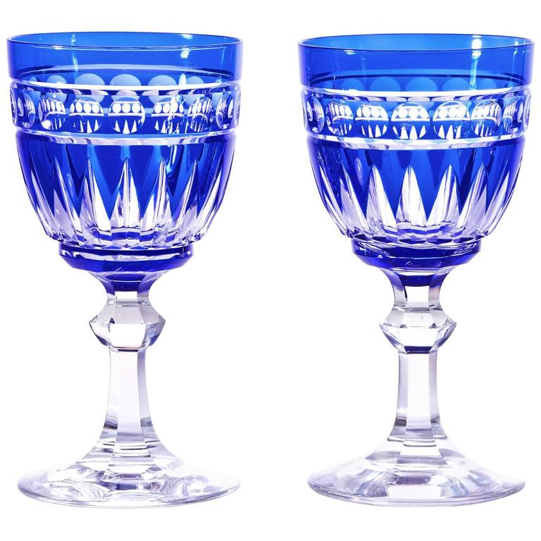 16 Art Deco Val St. Lambert Cobalt Blue Crystal Water Goblets at