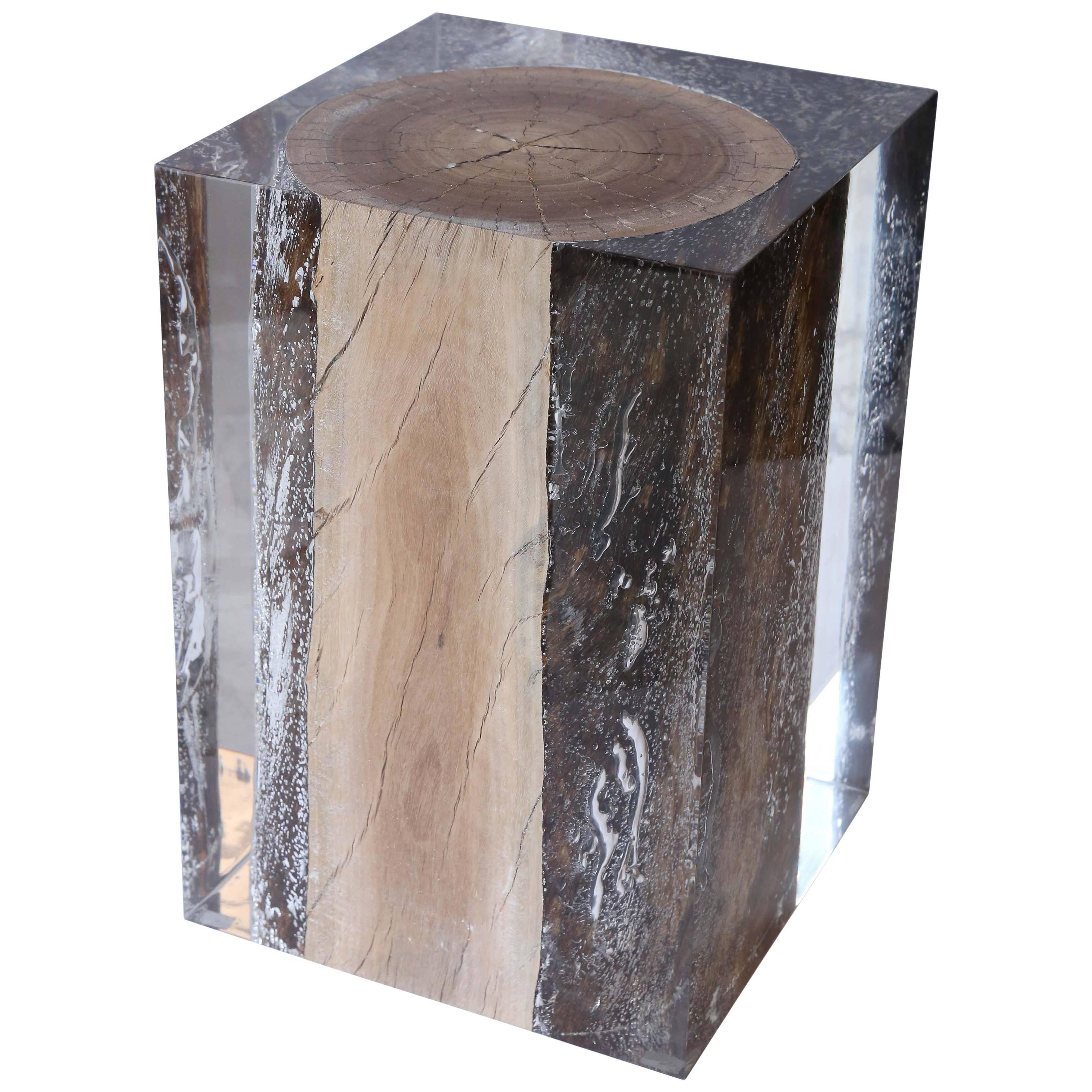 Acrylic Glass and Driftwood Nilleq Side Table and Stool