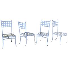 Set of Four Antique Iron Lattice Light Blue Belgian Chairs