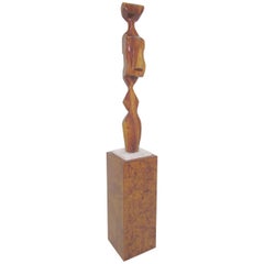 Modernist Carved Wood Sculpture with Burl Pedestal Signed A. Janes, D. 1974