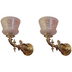 Antique Pair of 19th Century Bronze and Etched Glass Gothic Style Wall Sconces