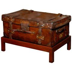 English 19th Century Leather Travel Trunk on Rectangular Mahogany Wooden Stand 1