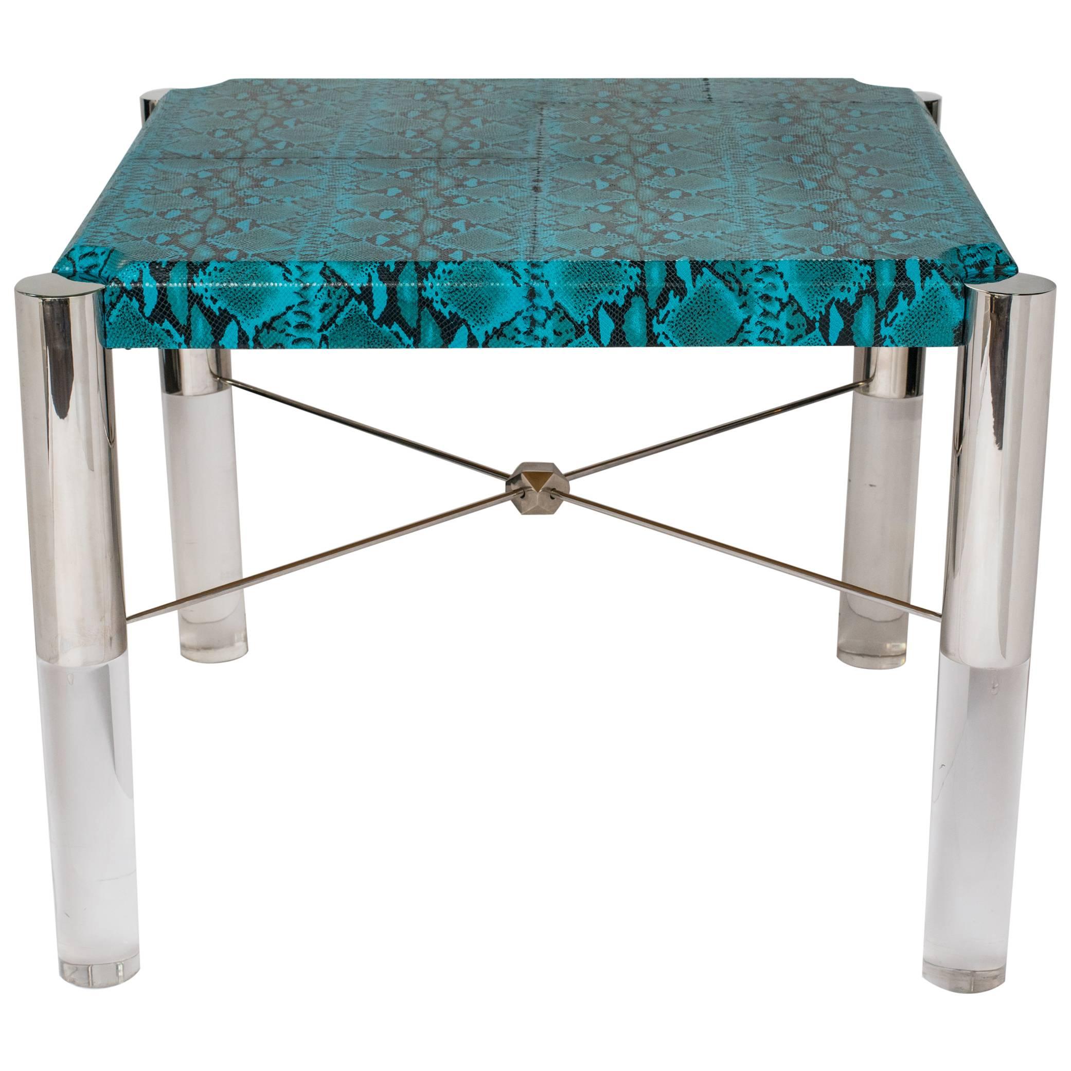 1970's Mid-Century Modern Turquoise Snakeskin Game Table