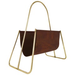 Carl Auböck Mid-Century News Rack, Brass, Brown Leather, Austria, 1950s