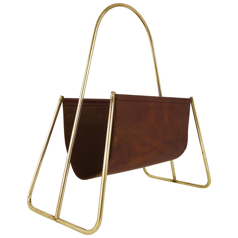 Carl Auböck Mid-Century News Rack, Brass, Brown Leather, Austria, 1950s ...