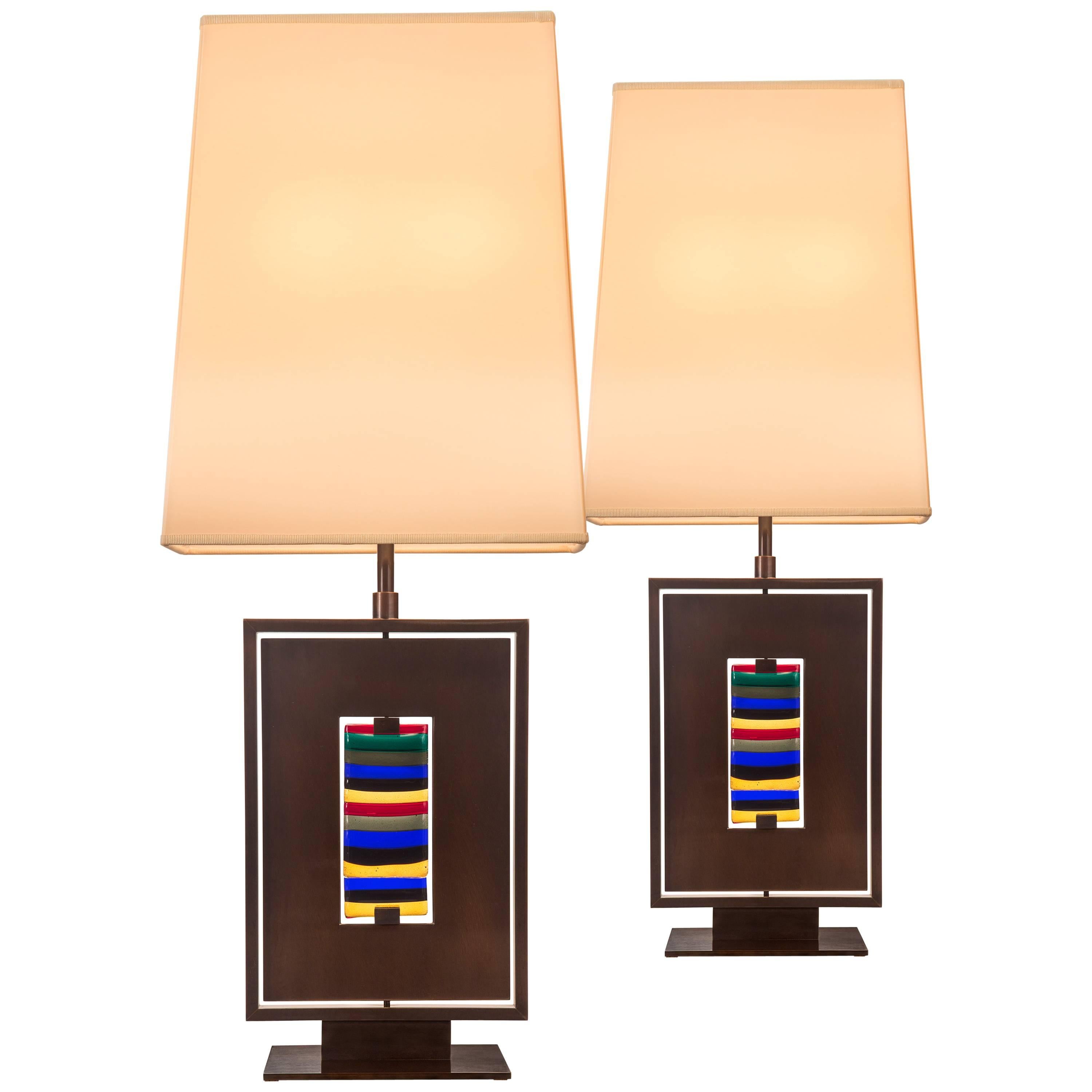 Roberto Rida, Pair of Polychromatic Murano Glass and Gunmetal Patinated Lamps For Sale