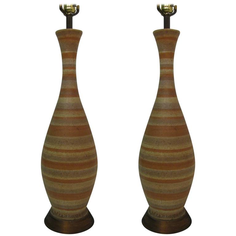 Pair of MidCentury Modern Striped Pottery Table Lamps For Sale at 1stdibs