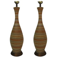Pair of Mid-Century Modern Striped Pottery Table Lamps