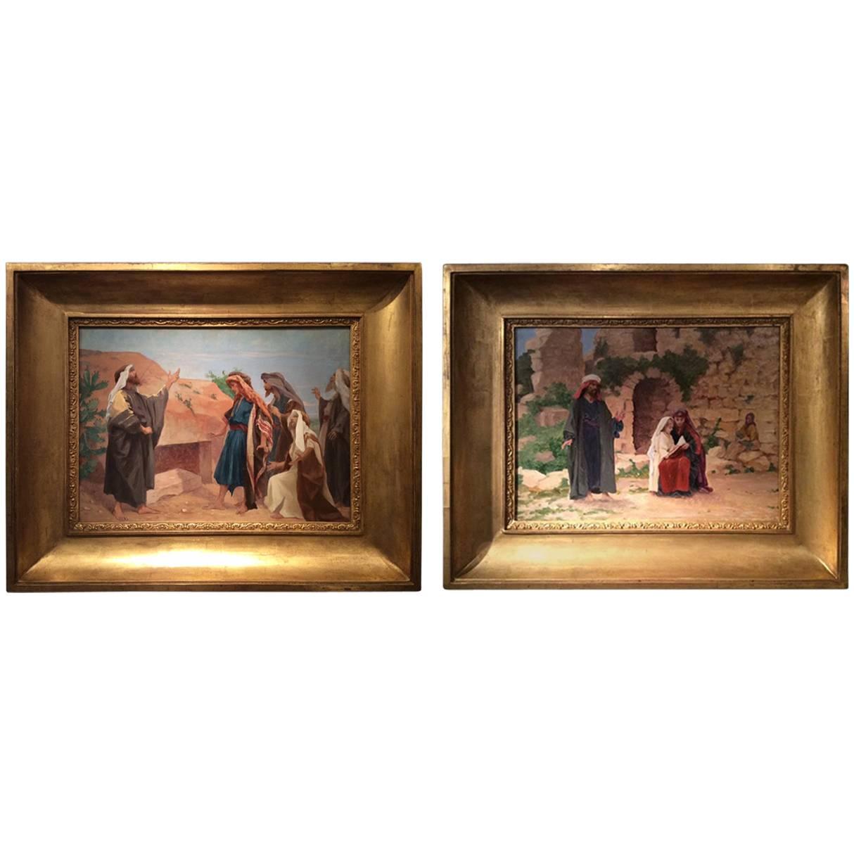 Pair of Oil on Canvas Illustrating Scenes of the Bible, France, circa 1900s For Sale